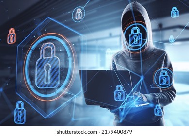 Hacker in blurry office interior using laptop with abstract glowing connected digital padlock hologram. Computer safety, hacking, data theft and secure concept. Double exposure