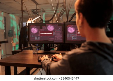 Hacker breaking into computer system, hacking bank account, stealing finances, sending virus. Cyberattack, woman creating malicious software, personal data information leak
