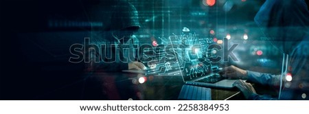 Hacker breaking into security network system stealing user personal data and financial information. Cyber crime attack, fraud and malware threat in digital transaction against business data protection
