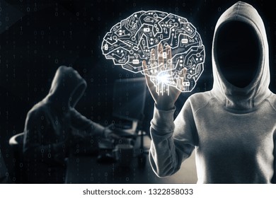 Hacker with circuit brain interface on black background. AI and criminal concept