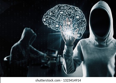 Hacker with circuit brain interface on black background. AI and theft concept