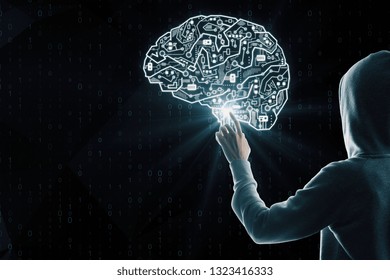 Hacker with circuit brain interface on black background. AI and malware concept