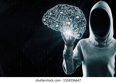 Hacker with circuit brain interface on black background. AI and phishing concept