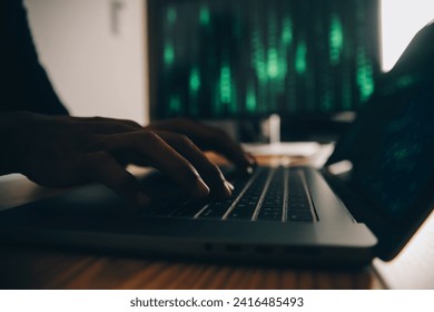 Hacker code in laptop. Cyber security, privacy or hack threat. Coder or programmer writing virus software, malware, internet attack or developing digital design. Green web data in computer screen. - Powered by Shutterstock