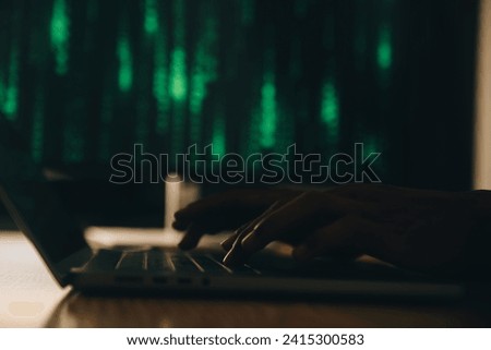Hacker code in laptop. Cyber security, privacy or hack threat. Coder or programmer writing virus software, malware, internet attack or developing digital design. Green web data in computer screen.