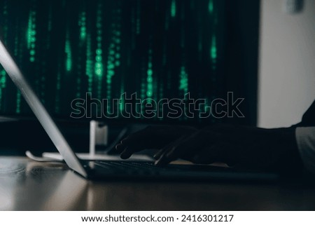 Hacker code in laptop. Cyber security, privacy or hack threat. Coder or programmer writing virus software, malware, internet attack or developing digital design. Green web data in computer screen.
