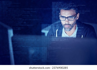 Hacker, code and overlay with man and computer for scam, cyber security and password theft. Phishing, technology and night with person and online crime for crypto, malware and finance fraud software - Powered by Shutterstock