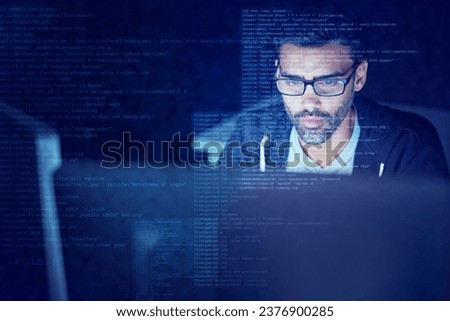 Hacker, code and overlay with man and computer for scam, cyber security and password theft. Phishing, technology and night with person and online crime for crypto, malware and finance fraud software