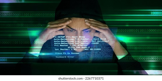 Hacker, code and stress with cyber crime, fear of getting caught and double exposure in IT, cybersecurity fail and software. Coding, programmer and glitch, person with headache and screen overlay