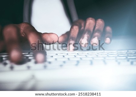 Hacker, coding and hands in night with keyboard, typing and information technology, criminal and working late. Person, illegal and programming of database, fraud and risk of cybersecurity in office