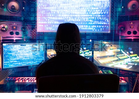 Hacker coding virus ransomware using laptops and computers. Cyber attack, system breaking and malware concept.