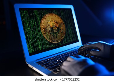 Hacker with computer hacking and stealing data information, Bitcoin logo and binary code as background. Bitcoin cryptocurrency security and privacy issues.