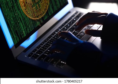 Hacker with computer hacking and stealing data information, Selective focus image on keyboard, Bitcoin logo and binary code as background. Bitcoin cryptocurrency security and privacy issues.