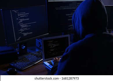 Hacker With Computers In Dark Room. Cyber Crime