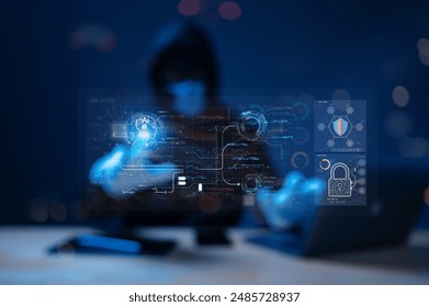 A Hacker creates a Cyber Attack and Threat involving Ransomware, Digital systems, and Ai, while Fraud and Phishing target users. Firewall, Crime, Information, Connection, Thief, Login, Network, and Malicious activity highlight cybersecurity risks. Cyber, Threat, Information. technology background