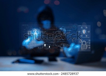A Hacker creates a Cyber Attack and Threat involving Ransomware, Digital systems, and Ai, while Fraud and Phishing target users. Firewall, Crime, Information, Connection, Thief, Login, Network, and Malicious activity highlight cybersecurity risks. Cyber, Threat, Information. technology background