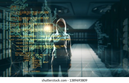 Hacker with creative coding lines on blurry server room background. Programming and theft concept. Double exposure 