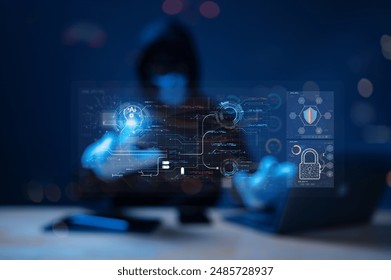 Hacker cyber security concept. A hacker attempts to login, breaching cyber security with AI, as the computer screen flashes a warning about the compromised firewall and password attack.