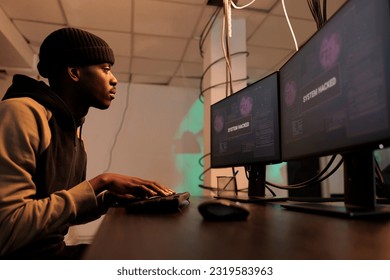 Hacker cyberattack, data breach, man coding password hacking software, breaking into computer internet server. Cybercrime, database information stealing, internet security technology concept