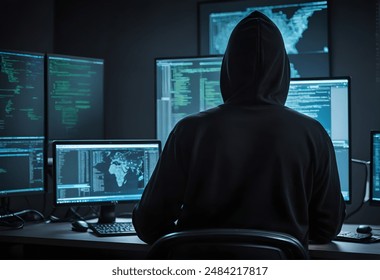 Hacker, Cybersecurity, Dark Room, Hooded Man, Computer Screens, Cybercrime, Programming, Technology, Anonymous, Digital Security, Clandestine, Code, IT, Cyber Threat, Internet, Hacking, Cyber Attack,  - Powered by Shutterstock