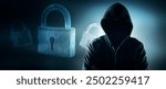 hacker in dark blue suit with hood and a laptop with a padlocks on a dark background, cyber attack, internet security and cyber attack,