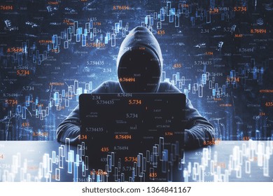 Hacker at dark desktop using laptop with binary code. Invest and economy concept. Double exposure 