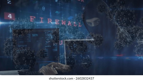 Hacker in dark room coding on laptop with virus graphics and firewall text. Cybersecurity, hacking, technology, malware, encryption, hacking attack