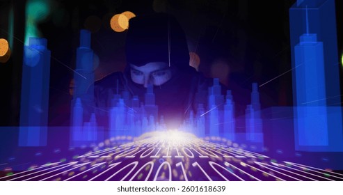 Hacker in dark room surrounded by digital binary code and virtual skyscrapers. Cybersecurity, hacking, technology, coding, cybercrime, software