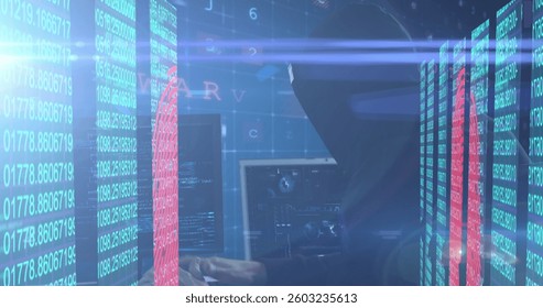 Hacker in dark room typing on keyboard surrounded by digital code screens. Cybersecurity, hacking, technology, cybercrime, coding, programmer