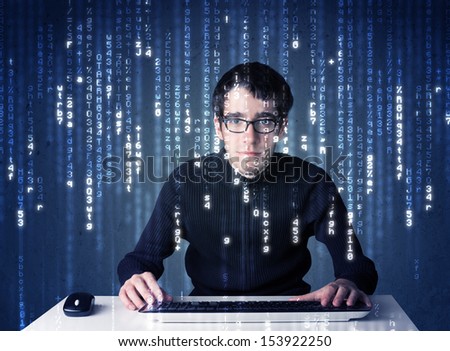 Hacker decoding information from futuristic network technology with white symbols