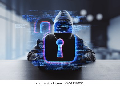 Hacker at desk using laptop with creative digital safety hologram on blurry office interior background. Secure, protection and hacking concept. Double exposure