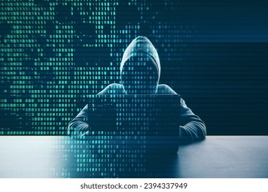 Hacker at desk using laptop with creative digital binary code dots hologram. Digital data hacking concept. Double exposure