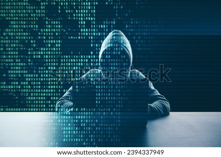 Hacker at desk using laptop with creative digital binary code dots hologram. Digital data hacking concept. Double exposure