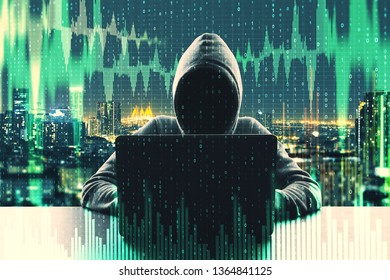Hacker at desktop using laptop with binary code and forex chart on blurry city background. Malware and trade concept. Double exposure 