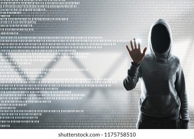 Hacker with digital business interface on blurry interior background. Hacking and password concept. Double exposure 