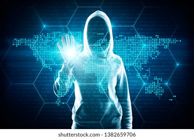 Hacker with digital map interface. AI and global concept. Double exposure 
