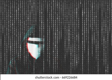 Hacker with a distorted glitch effect behind falling numbers and characters