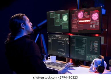 Hacker doing covert operations in secret hideaway to bypass advanced security barriers, with rogue programmer in neon apartment engineering data theft script to penetrate firewalls using PC.