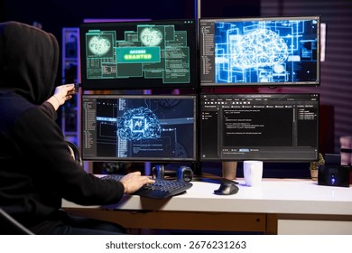 Hacker doing ransomware attacks using AI machine learning to hold company systems hostage and demand large payments. Man using neural networks to hack enterprise networks, encrypting files
