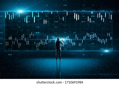 Hacker drawing stock chart and data on virtual screen. Trade and malware concept