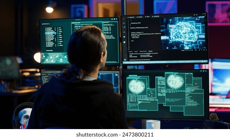 Hacker drinking coffee while running artificial intelligence spyware software designed to gather information from users. Script kiddie doing illegal stuff using AI, consuming beverage, camera A