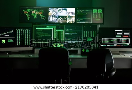 Hacker empty lair with multiple monitor screens and security cameras. Hacker dark hideout space.