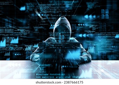 Hacker with financial data overlays and digital interface