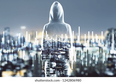 Hacker with forex chart on blurry city background. Hacking and criminal concept. Double exposure 