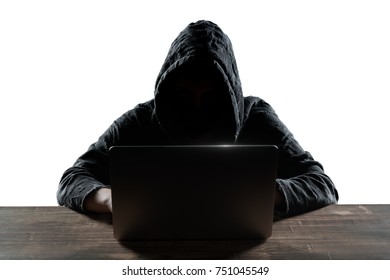 Hacker in front of his computer. Dark face. Isolated on white background