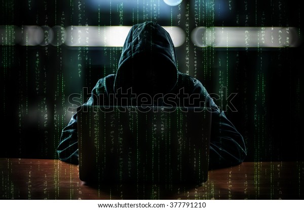 Hacker Front His Computer Dark Face Stock Photo (Edit Now) 377791210