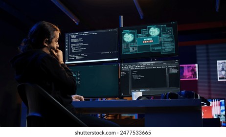 Hacker getting access denied error while doing computer sabotage using ransomware. Cybercriminal failing to penetrate firewalls while trying to steal victim data, camera B