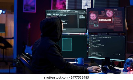 Hacker getting angry after failing to successfully develop spyware software stealing data. Frustrated scammer upset after written malicious code proves to be unsuccessful, camera A