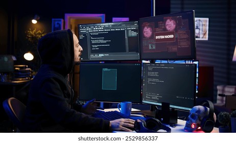 Hacker getting angry after failing to successfully develop spyware software stealing data. Frustrated scammer upset after written malicious code proves to be unsuccessful, camera B