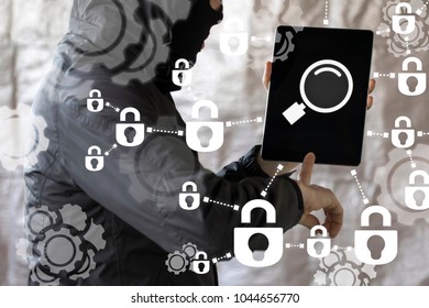 Hacker hacked tablet computer and selects magnifying glass icon on a display. Search Virus Tablet Computer Antivirus concept. Cyber Security. Mobile Firewall Application.